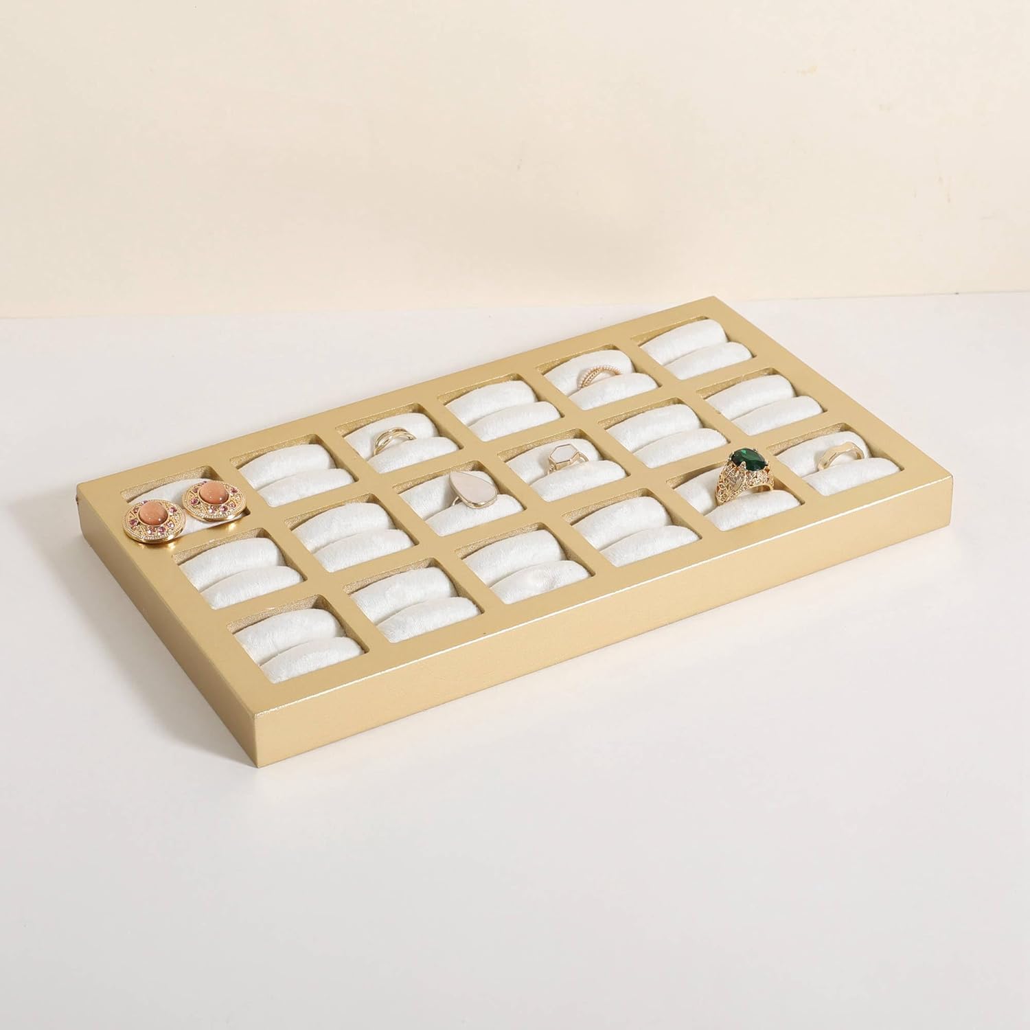 Velvet Ring Storage Organizer Tray with 18 grids, White Jewelry Display Stand for Vanity or Retail Display, Velvet Jewelry Display Holder with groovs for Rings & Stud Earrings【White】
