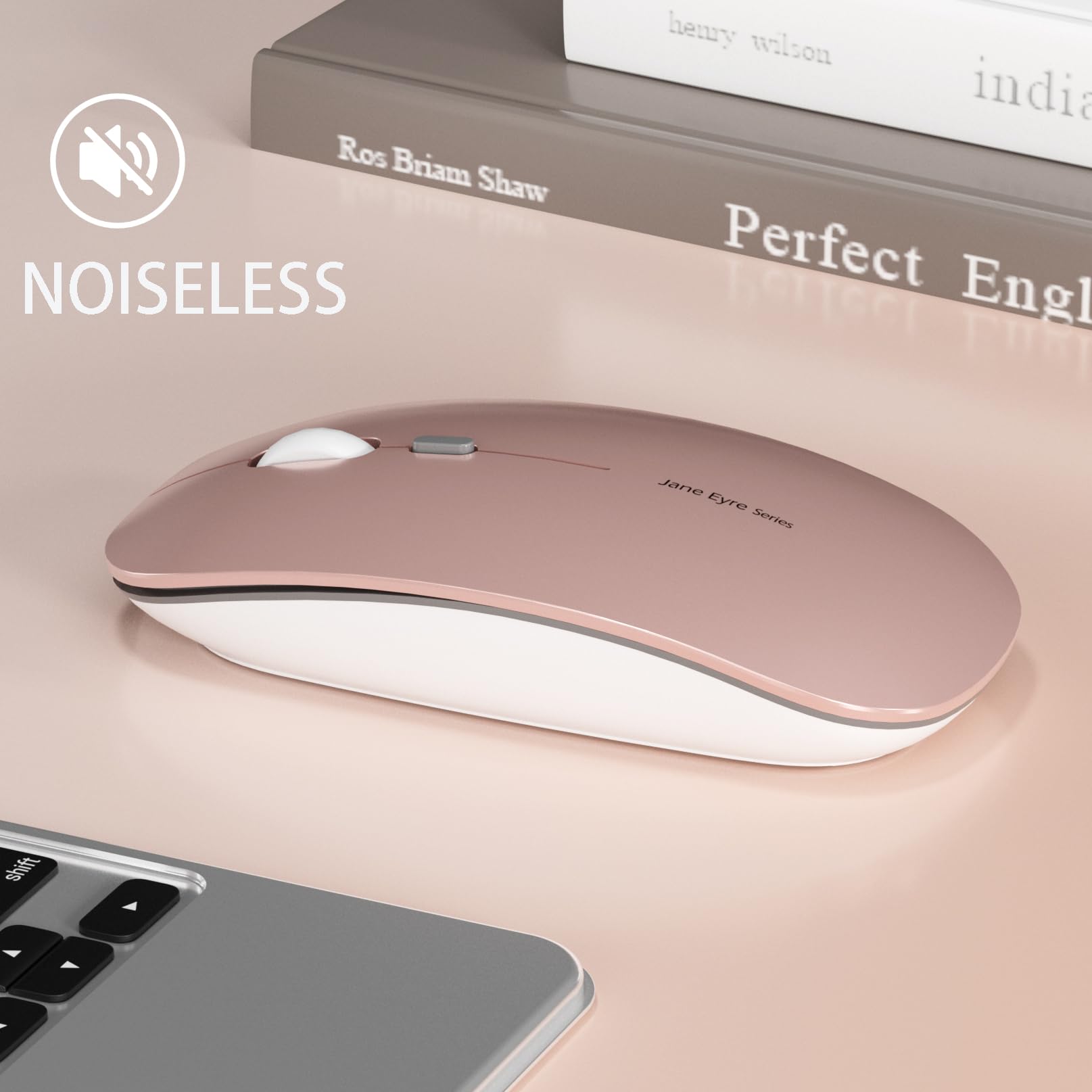 Uiosmuph Q5 Mouse Wireless Ricaricabile, Senza Fili Silenzioso 2,4G 1600DPI Mouse Portatile da Viaggio Ottico con Ricevitore USB per Windows 10/8/7/XP/Vista/PC/Mac (Oro Rosa)