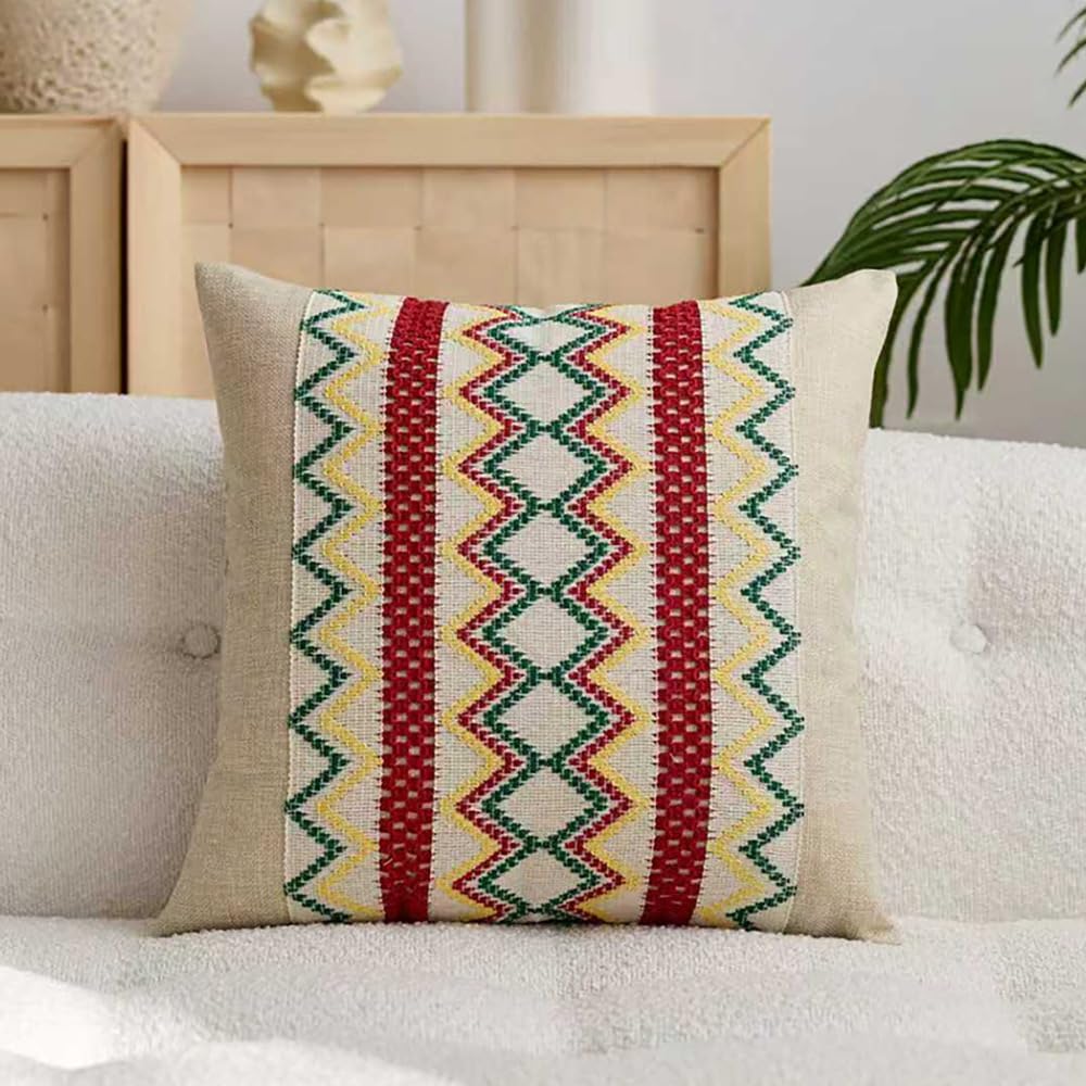 Boho Throw Pillow Cover, Zigzag Embroidered, Green, Blue and Yellow, Linen, Decorative Cushion Case (red-Green, 18x18)