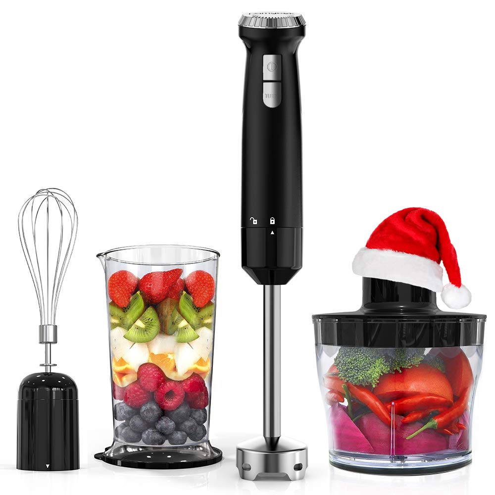 set Frullatore ad Immersione, 4 in 1 Mixer ad Immersione Professionale con 16 Velocità Regolabile, Tazza Tritatutto 800 ml, Lama Inox, 600W, Nero ((2))