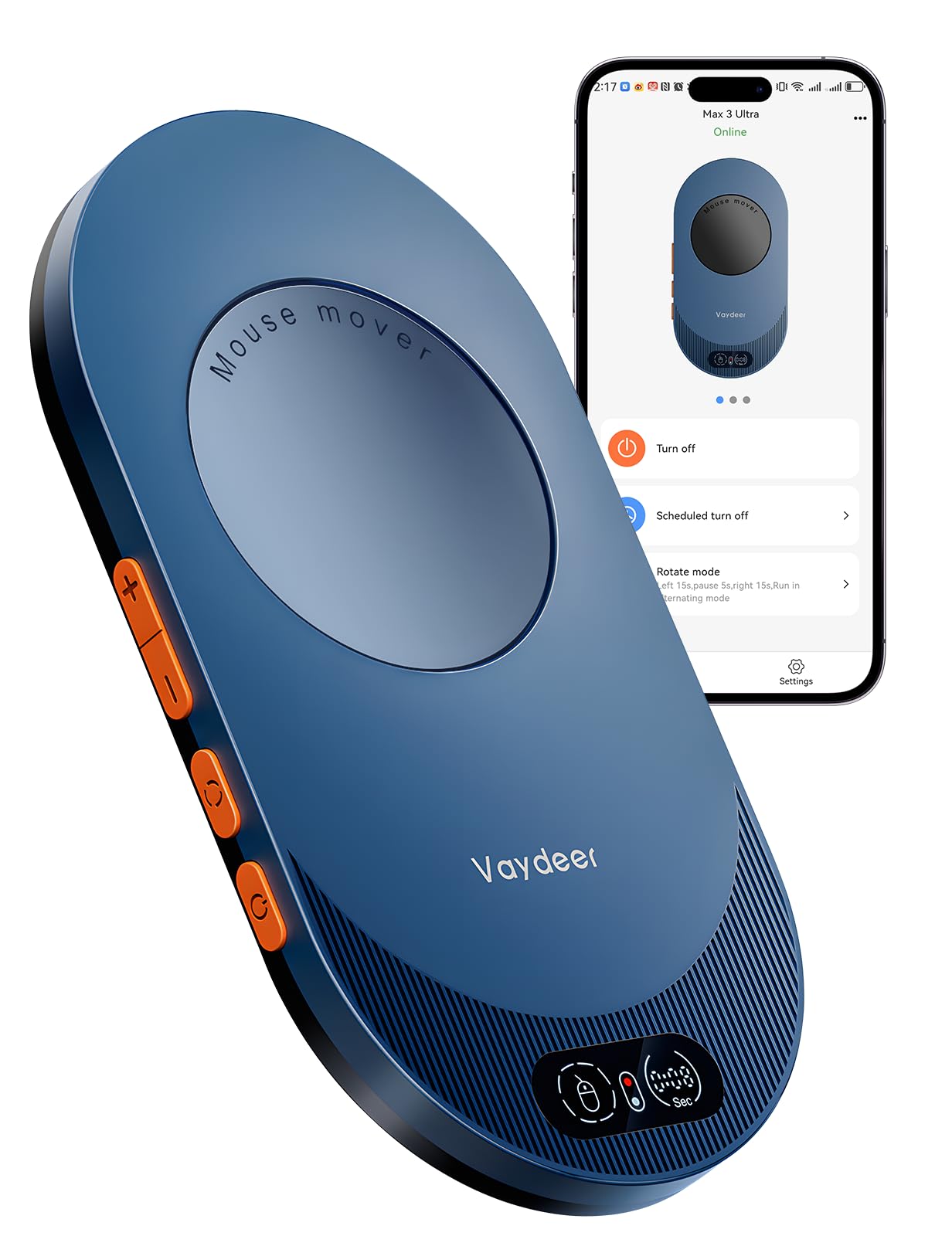 VAYDEER Air 3 Ultra Mouse Jiggler z aplikacją i wyświetlaczem LED, jasnoniebieska