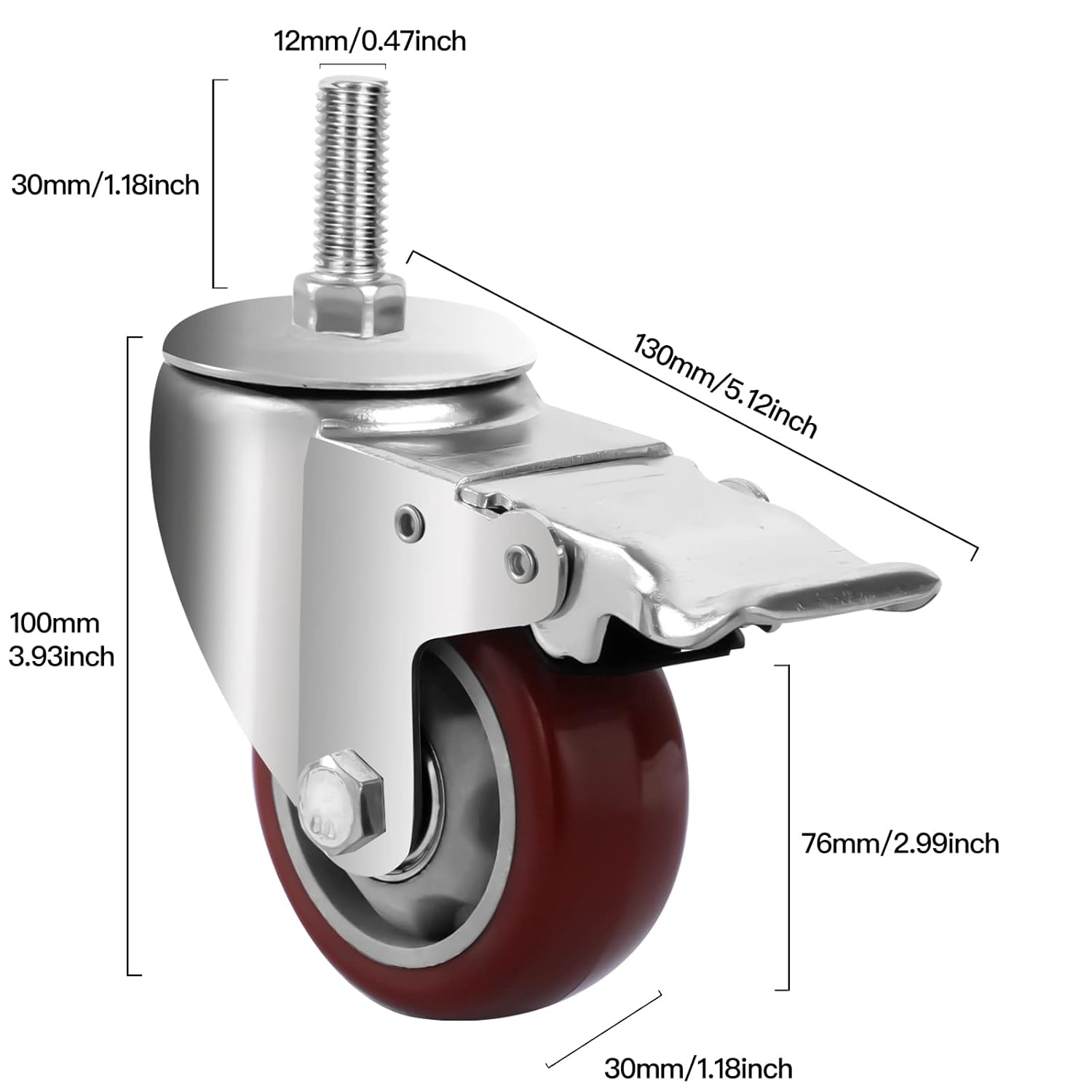 AOCHENLY Caster Wheels, Heavy Duty Castors PU Wheels M12-1.75x1-1/5 Threaded Stem Casters Swivel Casters with Double Brakes Set of 4 (M12-1.75x1-1/2,3 Inch)