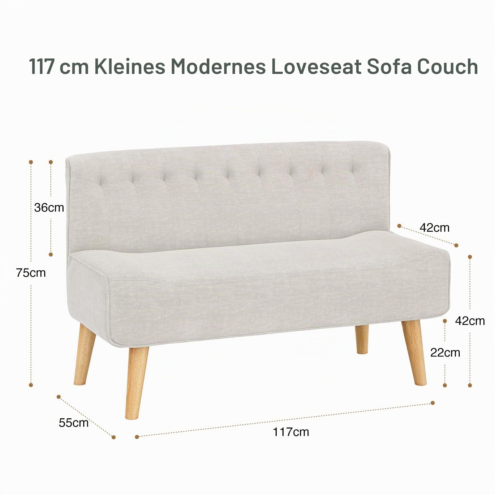 Litake 2-Sitzer Sofa, Stoffsofa Polstersofa Doppelsofa in Leinenoptik und Holzbeinen Loveseat Retro-Look Sitzmöbel für kleine Räume/Wohnzimmer/Schlafzimmer/Spielzimmer, Beige 117 x 56 x 78 cm