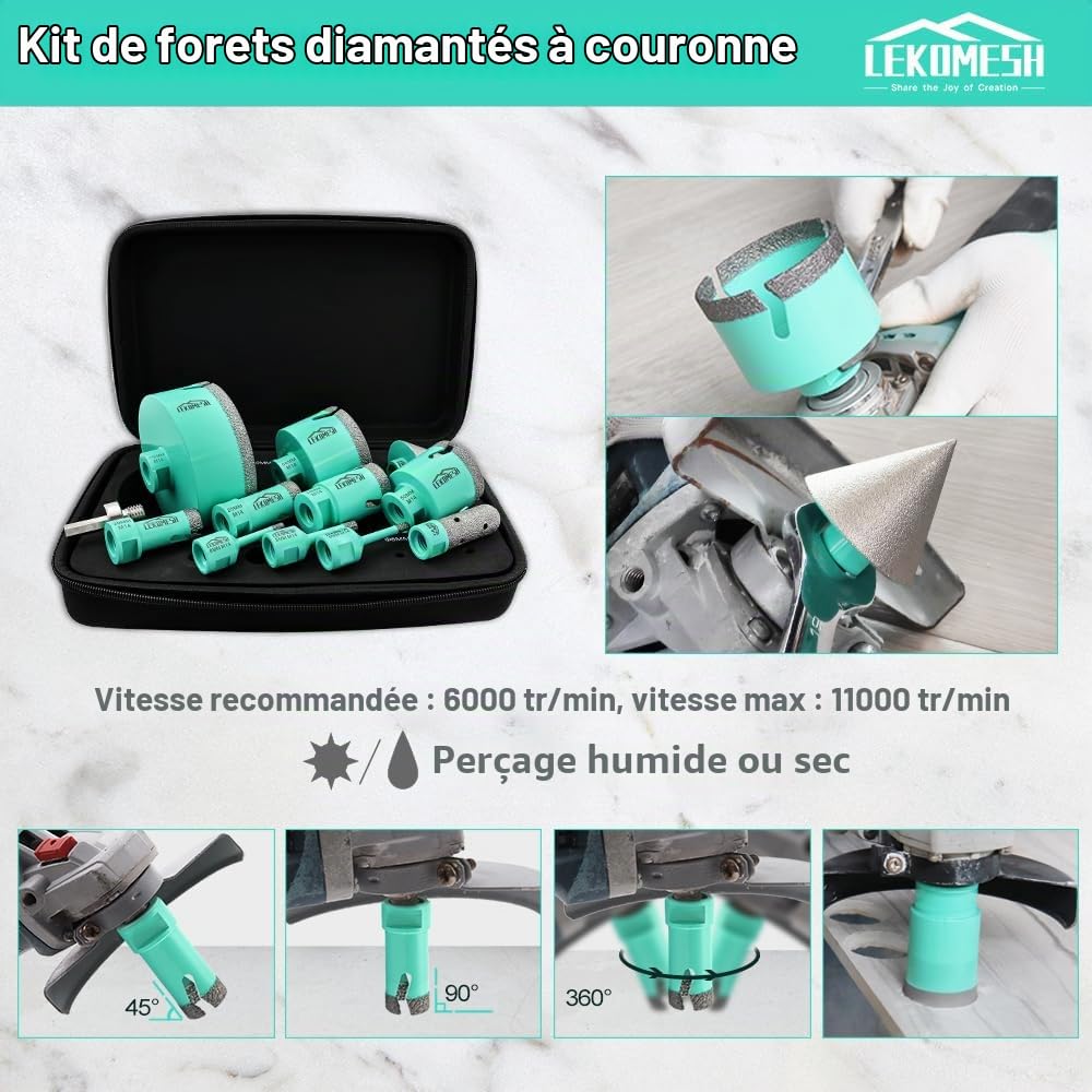 Scie Cloche Carrelage Diamant - 12pcs (6/6/8/20/25/35/50/68/110mm+20mm Fraise Diamant+50mm Mèches Chanfrein+Adaptateur) Foret Carrelage Trepans pour Porcelaine Céramique Marbre Brique Béton