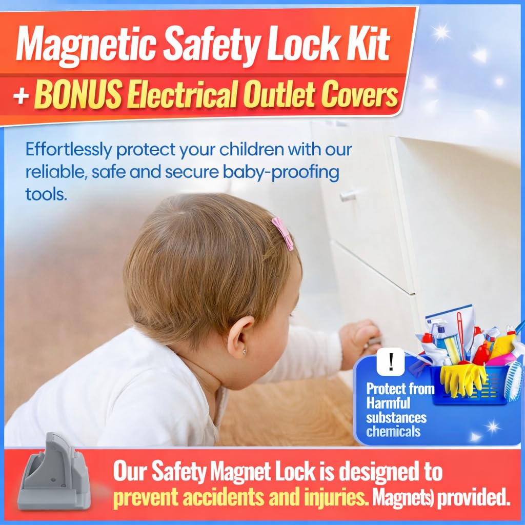 Little Lovlies™ Magnetic Child Safety Cabinet Locks – Easy Install, No-Drill, Strong 3M Adhesive, 4 Locks + 1 Key, Ideal for Cabinets, Drawers, and Furniture – White
