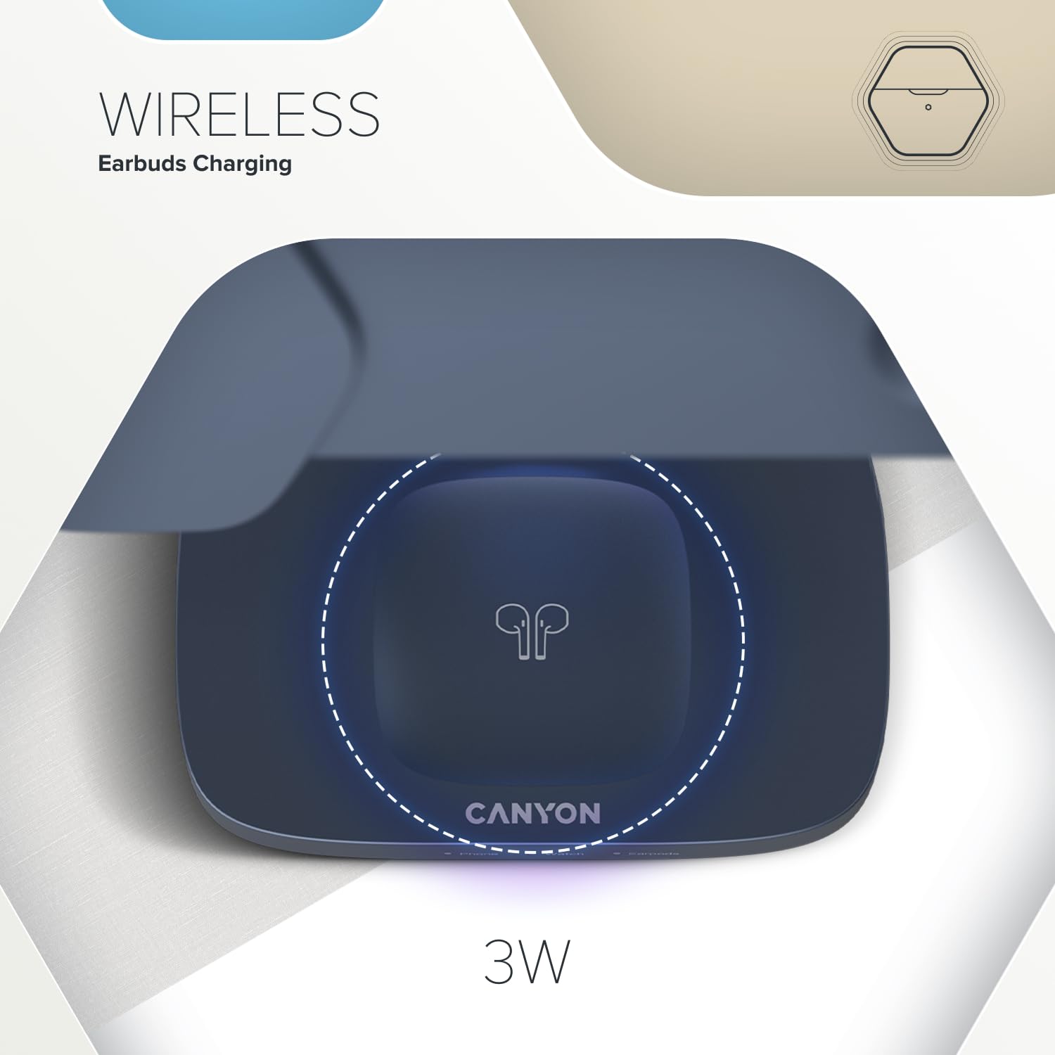 CANYON Hexagon WCS-310 - Estación de carga inalámbrica 3 en 1 para iPhone, Apple Watch y AirPods, cargador Qi rápido de 15 W, orientación magnética, indicador LED, adaptador de 20 W, gris oscuro/azul