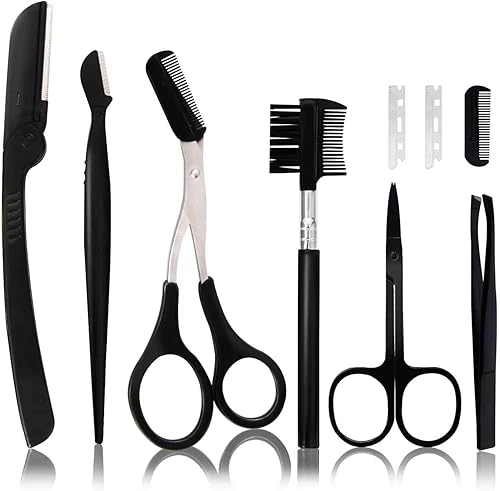 Ptiysta Juego de recortadora de cejas 6 en 1, herramienta de belleza exfoliante El kit de tratamiento de cejas incluye tijeras para cejas, peine