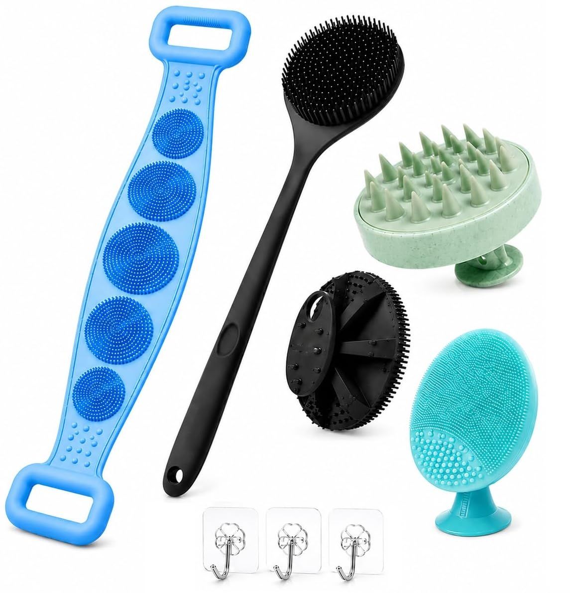 LUMONY® 5 -in-1 Soft Silicone Bath Brush Set | Back Scrubber Belt | Long Handle Back Scrubber + Body Scrubber + Scalp Massager + Face Massager | Super Exfoliating & Lathering Shower Brush | BPA-Free | For Men & Women (With A Free 3pcs Hook)-picture-22