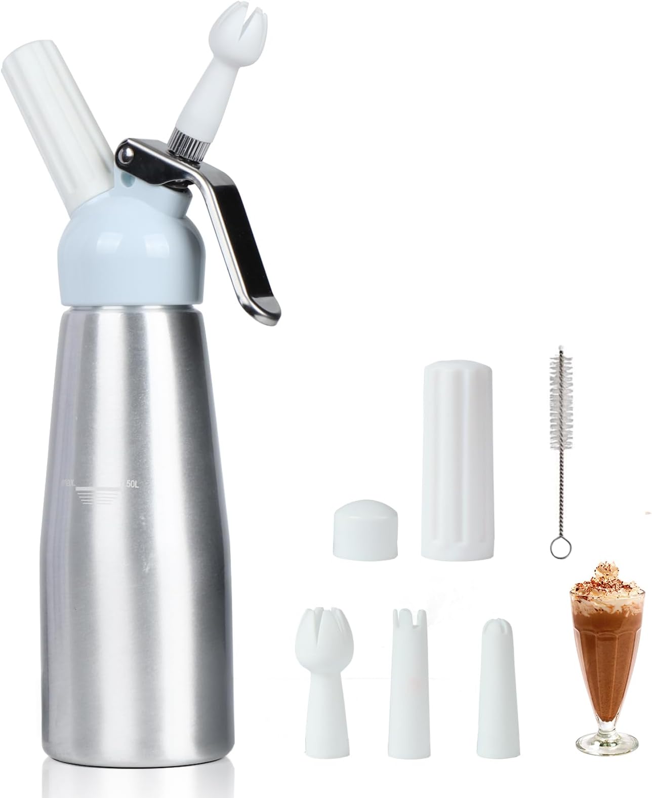 Professional Whipped Cream Dispenser, 500ml Whipped Cream Canister,Sturdy Aluminum Whipped Cream Maker with 3 Decorating Nozzles,Use Standard 8g N2O Cream Chargers (Chargers Not Included)