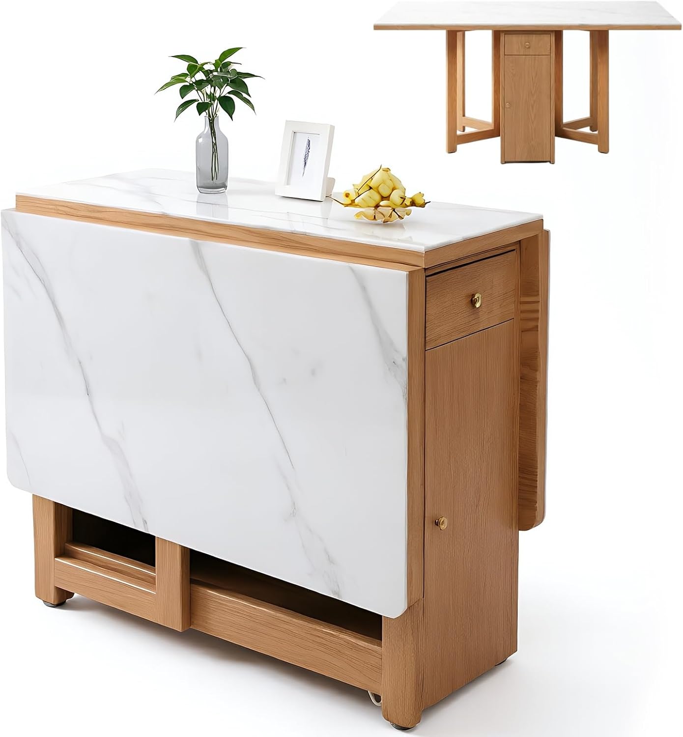Storage Trolley Solid Wood Folding Table Extendable Kitchen Island with Wheels Storage Sintered Stone Shelving Organizer(Small)