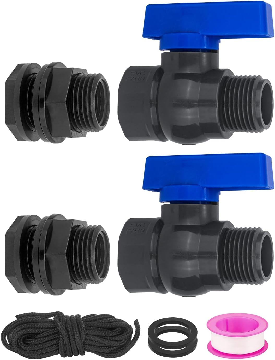 PVC Rain Barrel Spigot Kit 2 Pack 3/4" GHT Bulkhead Fitting with PVC Ball Valve Leak-Proof Tank Faucet for Rain Barrel, Water Tank & Container Drain