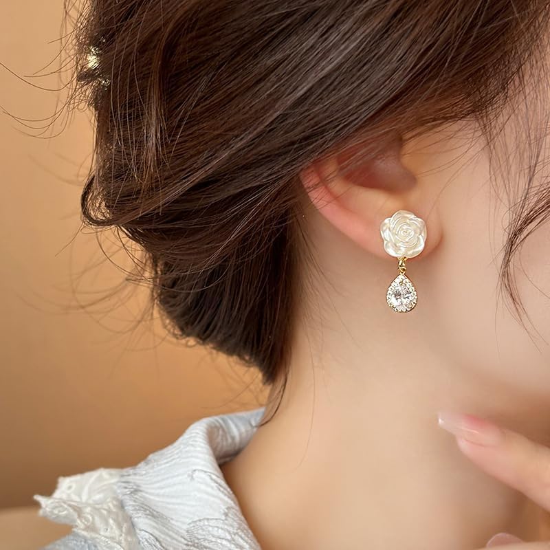 W WEILIRIAN Teardrop Crystal Dangle Earrings Boho Pearl Flower Earrings Flower Stud Earrings Sparkly Cz Earrings Rhinestone Pearl Bridal Wedding Earrings Jewelry - Image 3