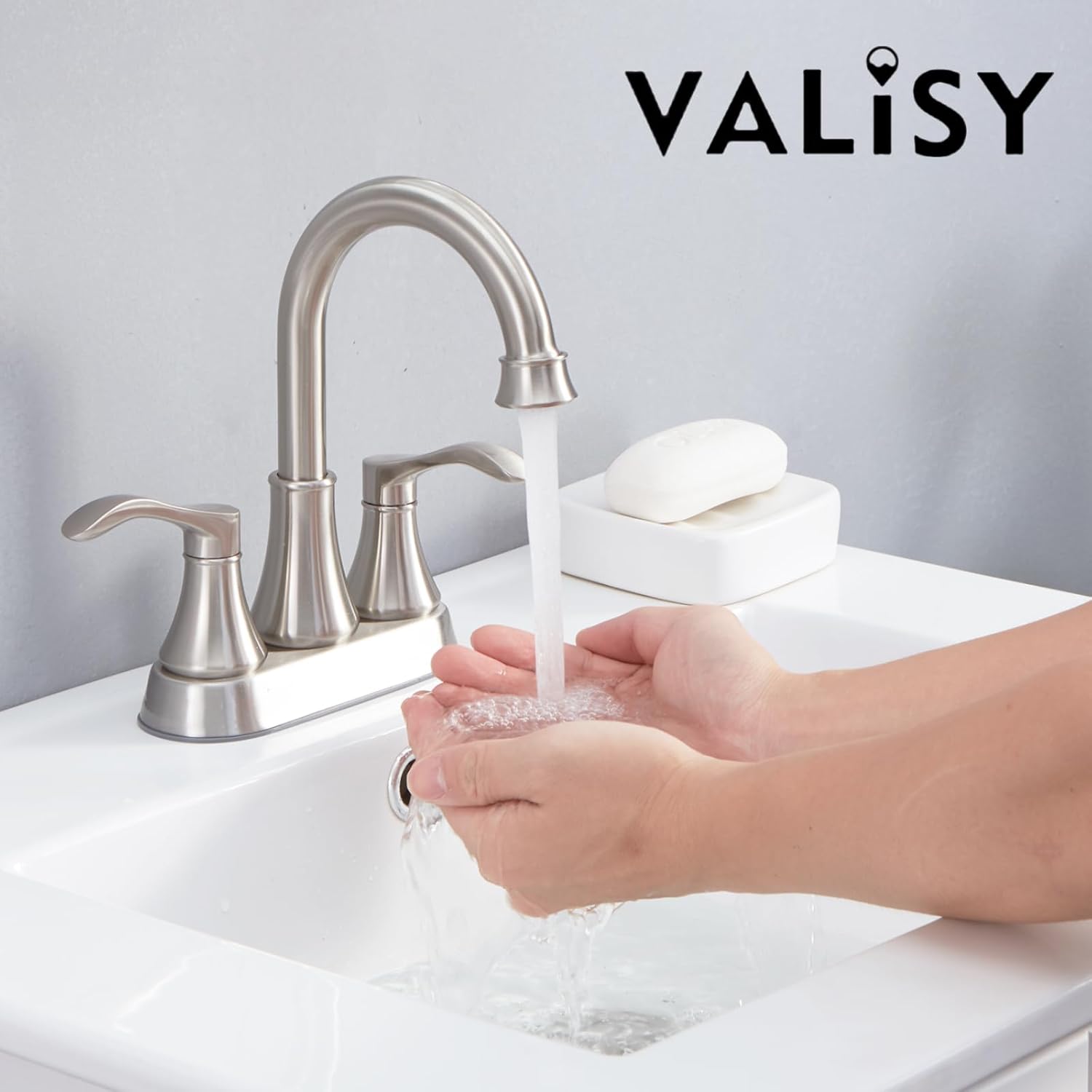 Lead-Free Commercial 2-Handle Brushed Nickel Bathroom Sink Faucet, 360° Swivel High-Arc Spout 4 Inch Centerset Lavatory Vanity Faucets Set for Bathroom Sink with Drain & Water Hoses, VLS10003BML-1 - Image 4