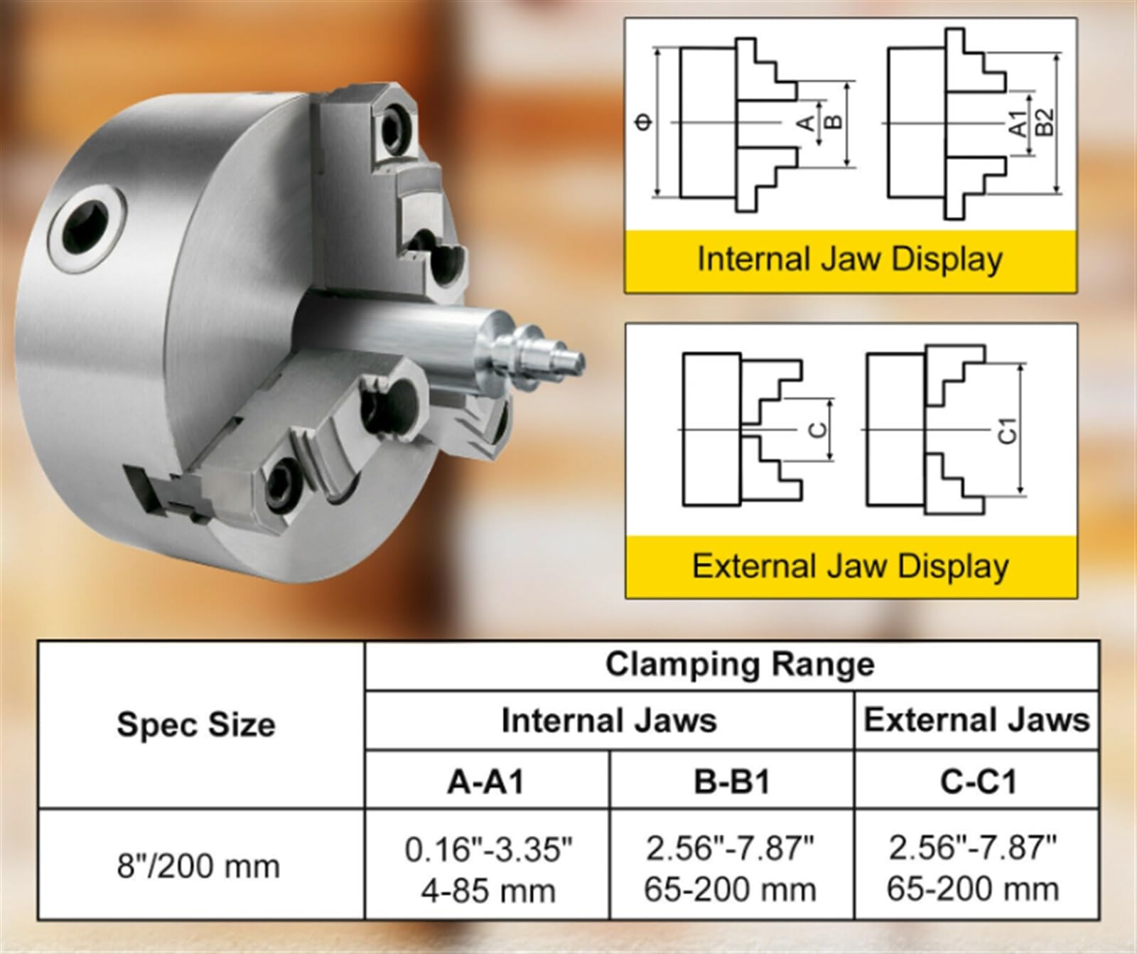 茶 KOU 8in Lathe Chuck, K11-200A 3-Jaw Self-Centering Chuck With 3-M10