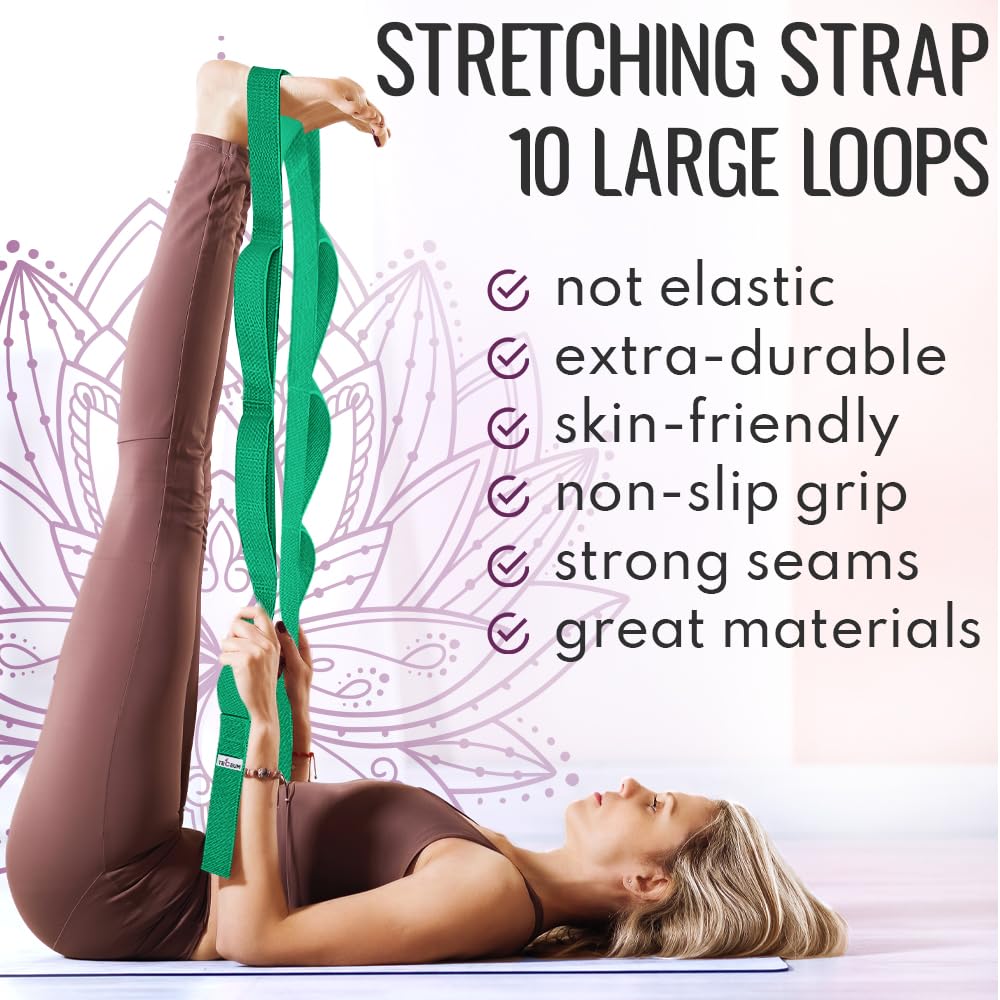 TECEUM Stretching Strap for Yoga & Physical Therapy – 10 Loops – Non-Elastic Leg Stretch Straps for Stretching, Exercising, Pilates, Post-Injury Rehabilitation for All Levels – Men & Women