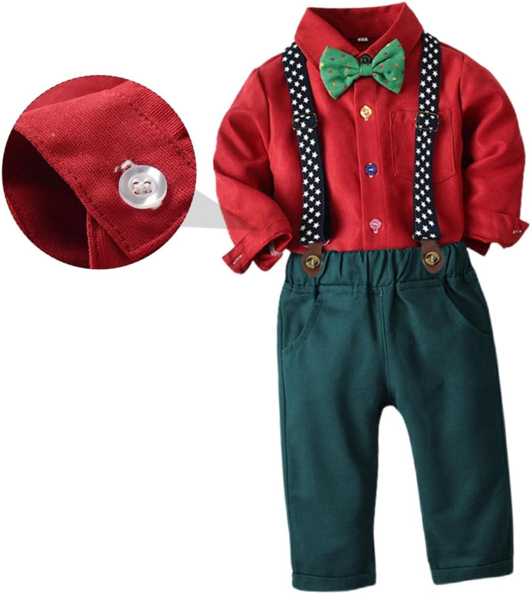 Christmas Clothing Set Long-sleeve Bow Tie Shirt and Red Suspender Pants for Boys Height 110cm Festival Outfit Pant Suit