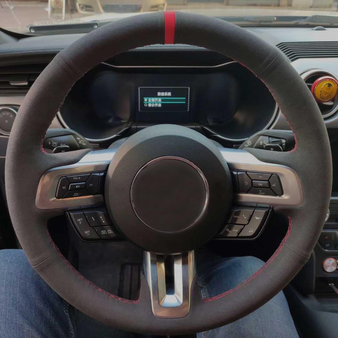 Car Steering Wheel Cover for 2015 Ford Mustang GT Premium Preformance 6-Speed 2019 ECO Boost 2018 2016 Convertible v6 PP1 Bullitt 2020 Customized Hand Stitch Wrap Custom Fit Black Suede
