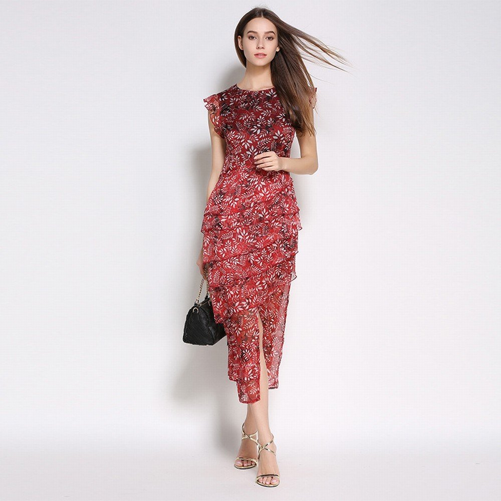 Robe à fleurs sans manches rouge style asymétrique taille S