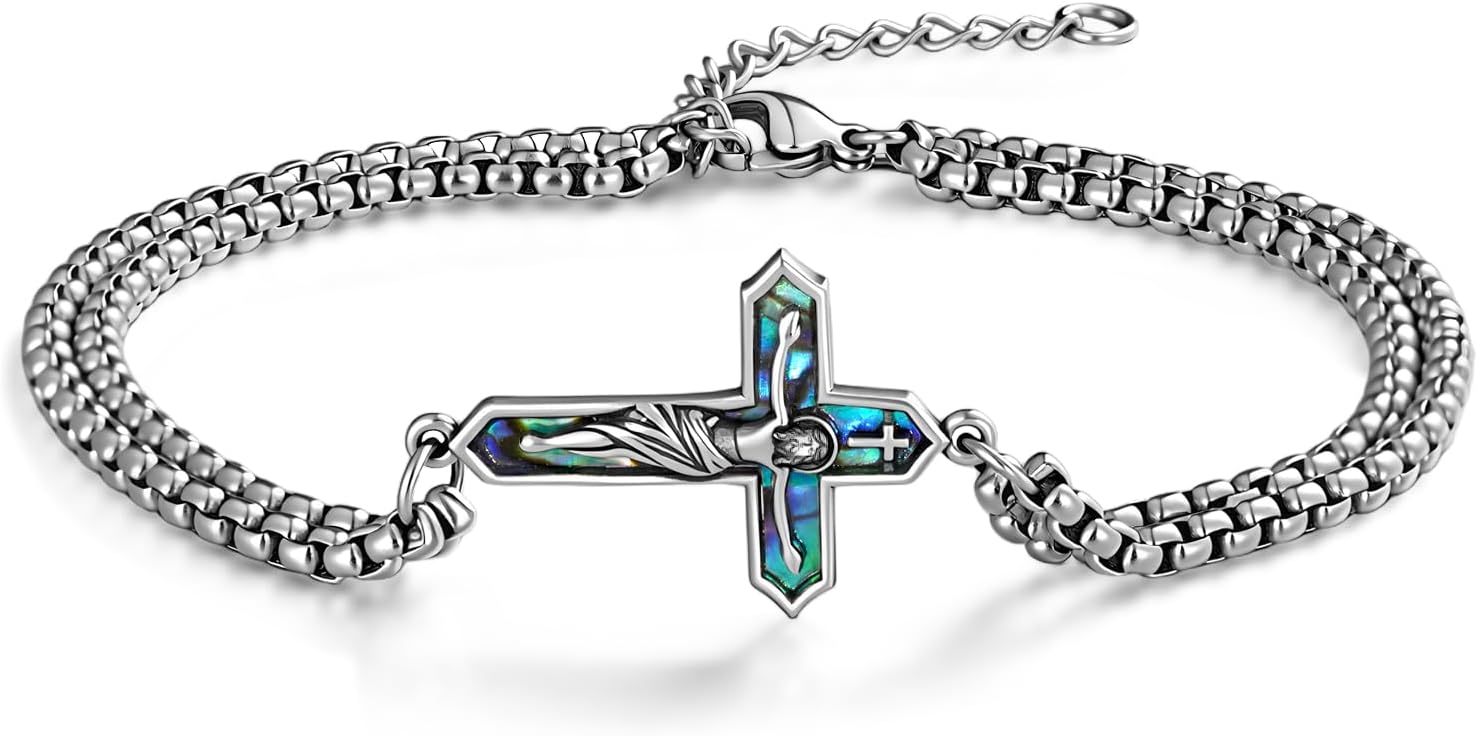 Crucifix Bracelets 925 Sterling Silver Jesus Cross Bracelets for Men Christian Jewelry Gifts