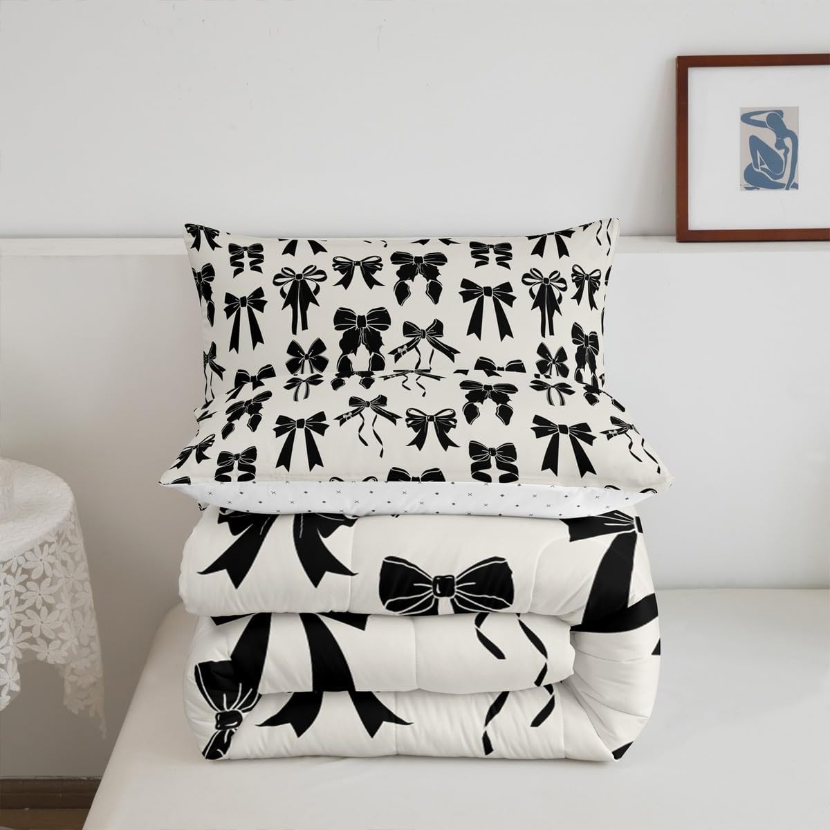 Feelyou Bow Bedding Set Queen Size Black Bow Comforter Set for Kids Boys Girls Decor Cute Bowknot Comforter Microfiber Girls Bow Duvet Set Bedroom Quilt Set