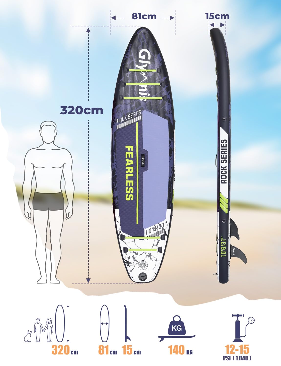Glymnis Tabla Paddle Surf Hinchable, Tabla de Sup Stand Up Paddle Board de 320×81×15cm, Tabla de Surf de Remo con Bomba de Aire Ajustable y Accesorios Completos