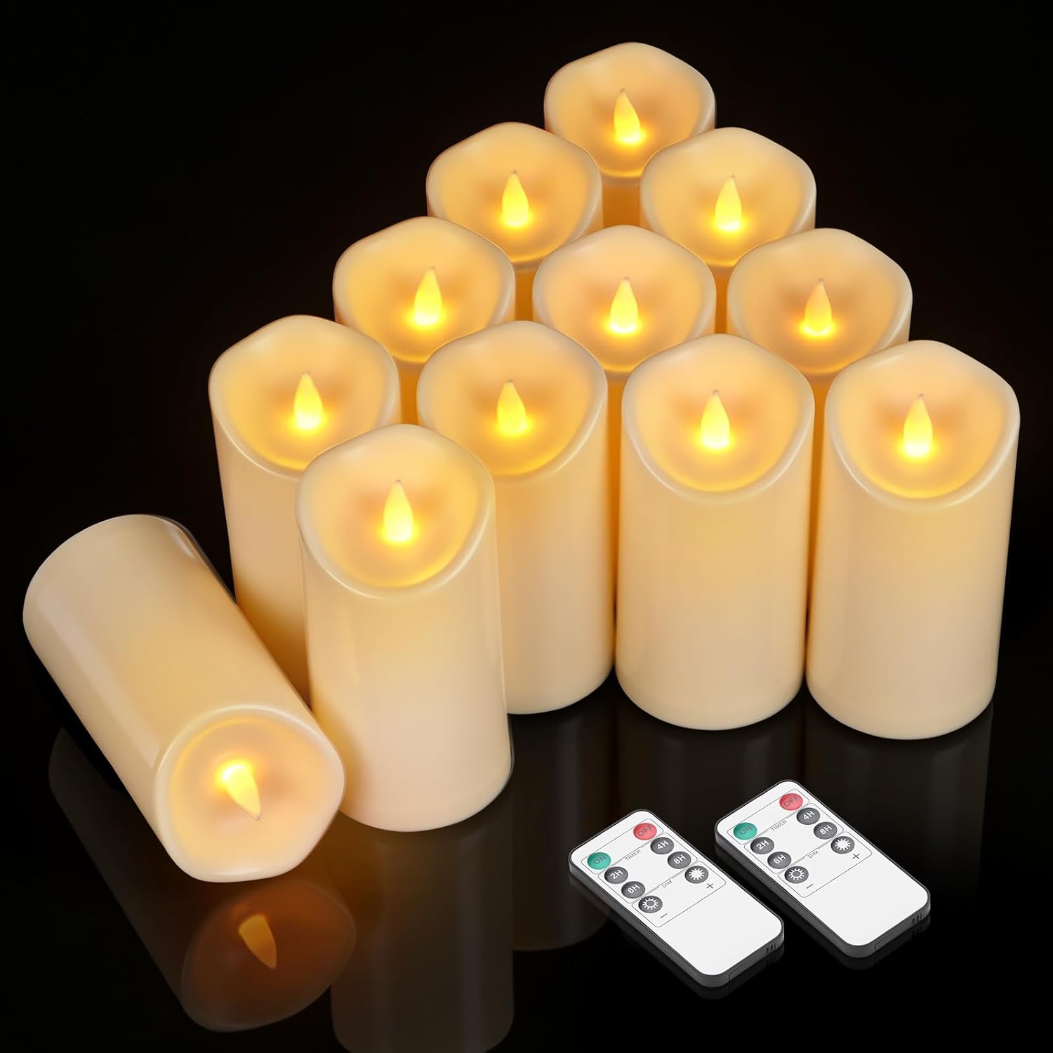 Bulk Set of 12 Outdoor Flameless Candles, Patented 3D Dual-LED Resin Pillars with 2 Remotes, Pure White Waterproof Non-Melting Battery Operated Wedding Aisle Decor, (White, D3 X H6)