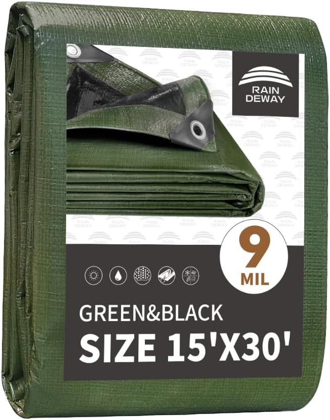RAINDEWAY Tarps 15x30 Feet,Tarp Waterproof,9Mil Thick,Finished Size,Multipurpose Poly Tarp Cover with Metal Grommets and Reinforced Edges,Green/Black Tarpaulin
