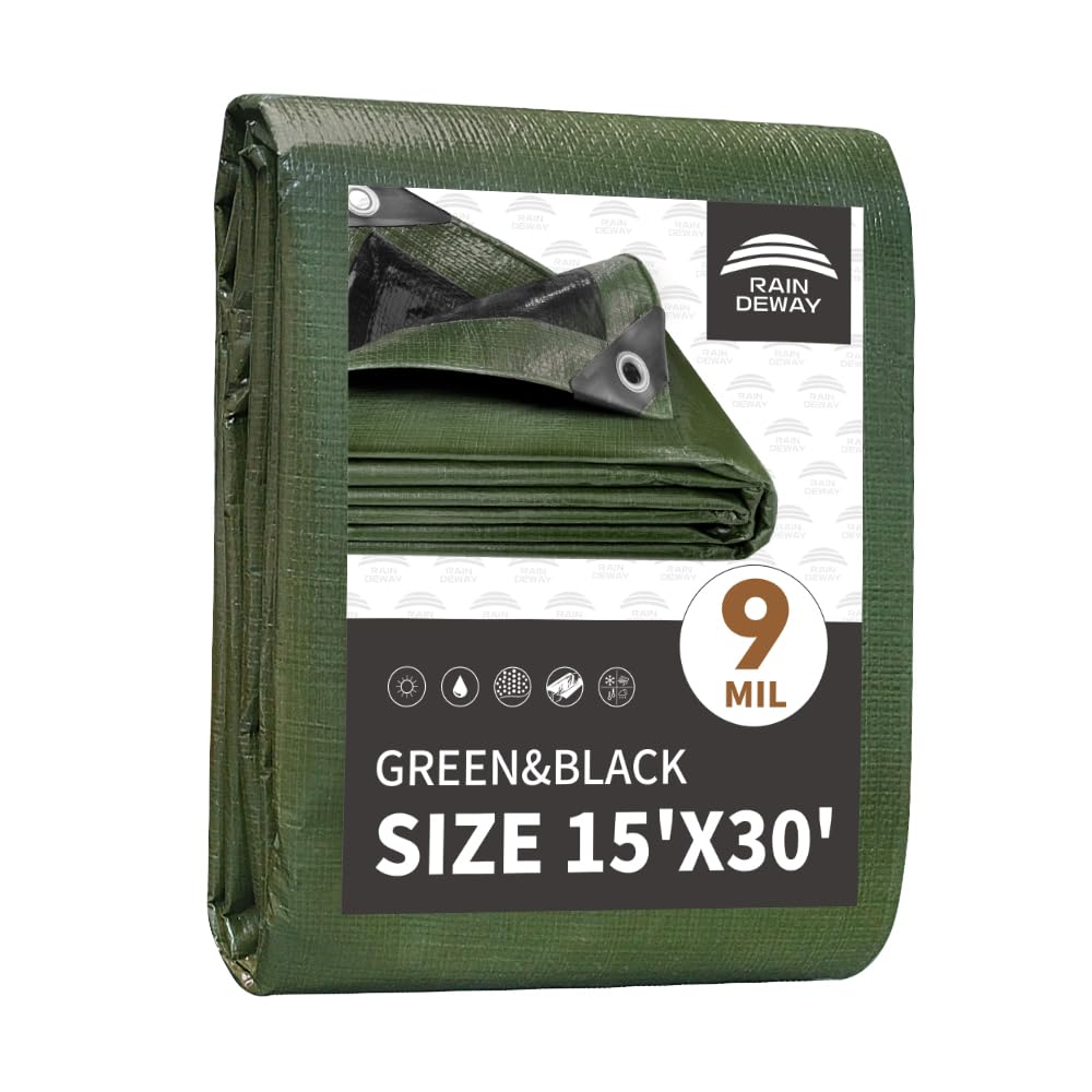RAINDEWAY Tarps 15x30 Feet,Tarp Waterproof,9Mil Thick,Finished Size,Multipurpose Poly Tarp Cover with Metal Grommets and Reinforced Edges,Green/Black