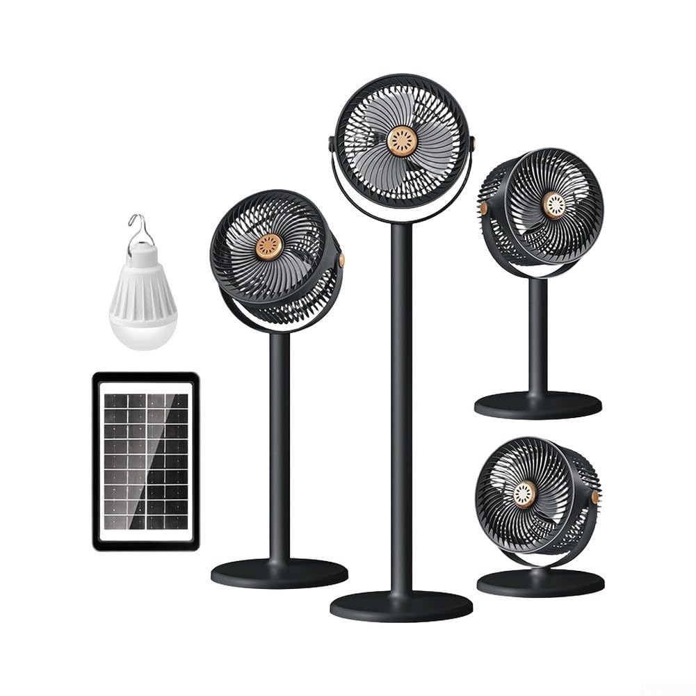 Ventilatore da pavimento ad energia solare, regolabile in altezza con USB e luce LED integrata, raffreddamento portatile per campeggio, esterni, casa e ufficio (nero)