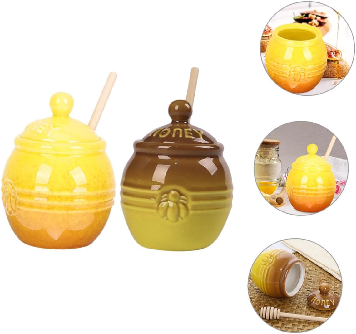 2 Set Ceramic Honey Pot with Lid and Wooden Dipper Stick Vintage Honey Jar Container for Kitchen Storage and Decorative Use Versatile Food-safe for Home