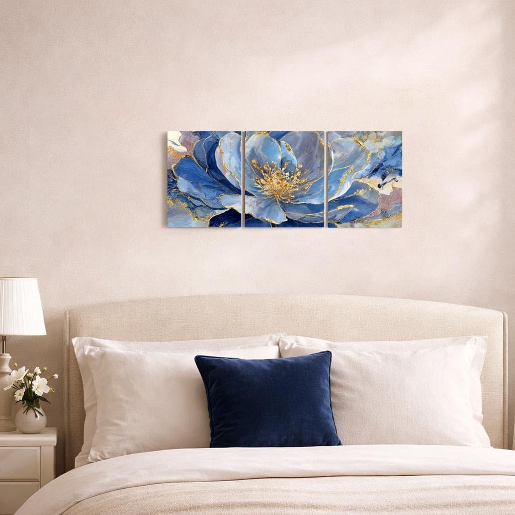 Blue Gold Abstract Floral Canvas Wall Art Set of 3, Modern Luxury Flower Canvas Prints, 12x16 Inch Framed Artwork for Living Room Bedroom Wall Decor, Elegant Blue Contemporary Art, Ready to Hang (Blue)