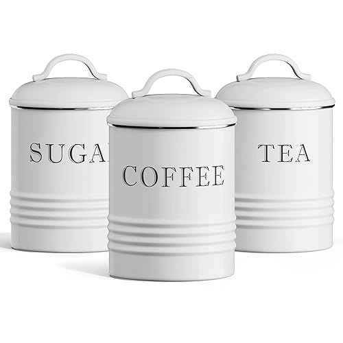 White Tea Coffee Sugar Canisters Enamel Farmhouse Style