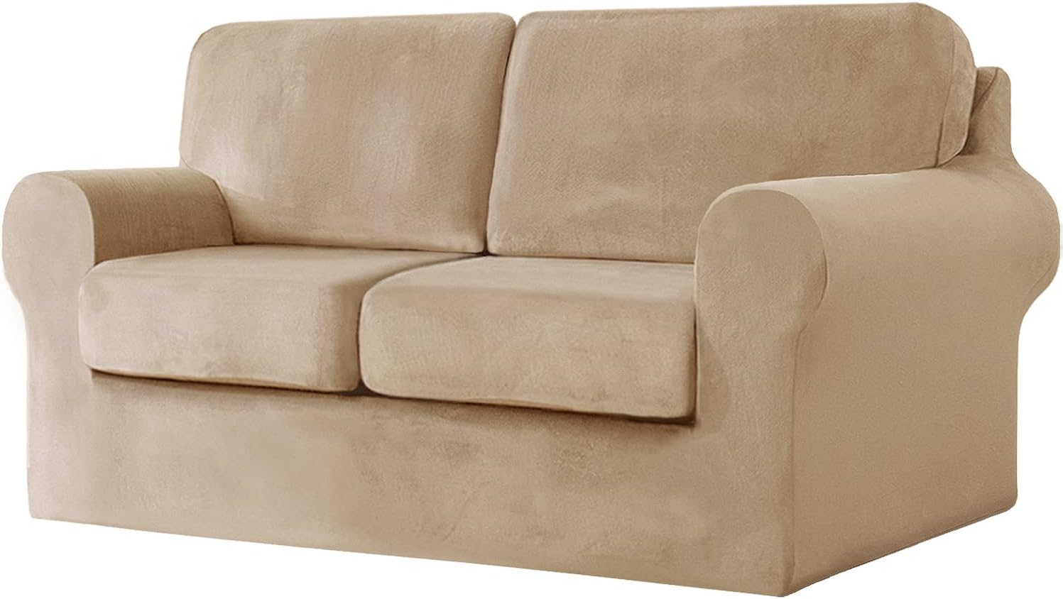 5 pieces velvet high stretch sofa covers for 2 cushion couch sofa slipcovers, washable furniture protector with drawstring anti slip bottom, soft and plush fabric for kids and pet (sand) 2 seater sand