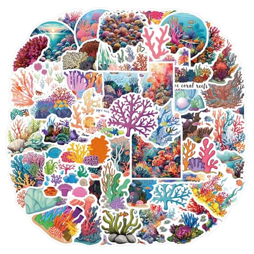 55 Pcs Coral Reef Stickers Pack for Teens Adults, Colorful Corals Reef Waterproof Vinyl Stickers and Decals for Water Bottle Laptop Luggage Hydro Flask Car Bike Bicycle (Coral)