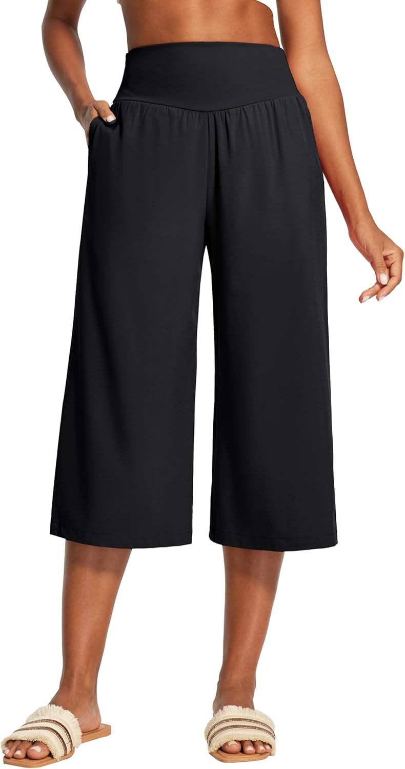 Heathyoga Capri Pants for Women Wide Leg Casual Pants for Women High Waist Lightweight Capris for Summer with Pockets Lounge