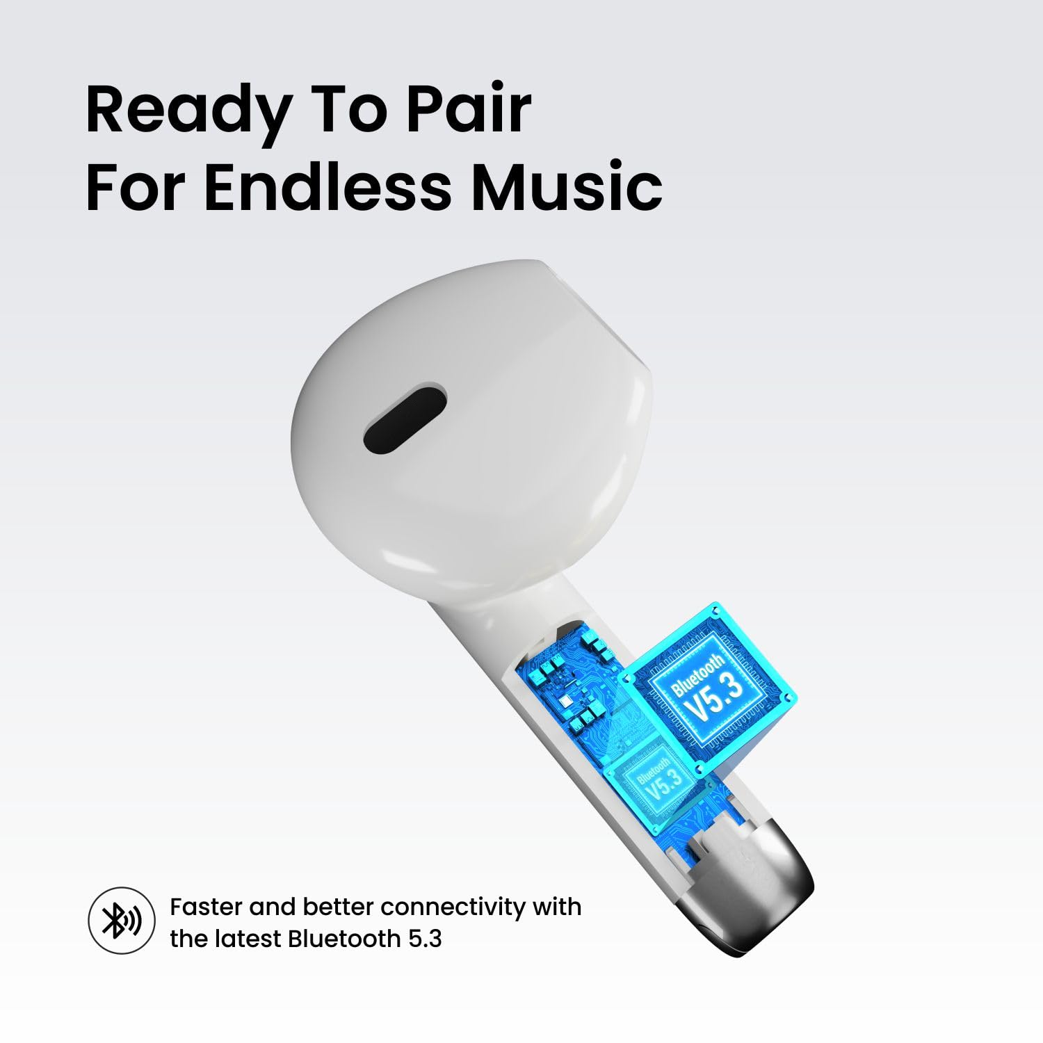 Cross-section view of an earbud highlighting the Bluetooth V5.3 chip.