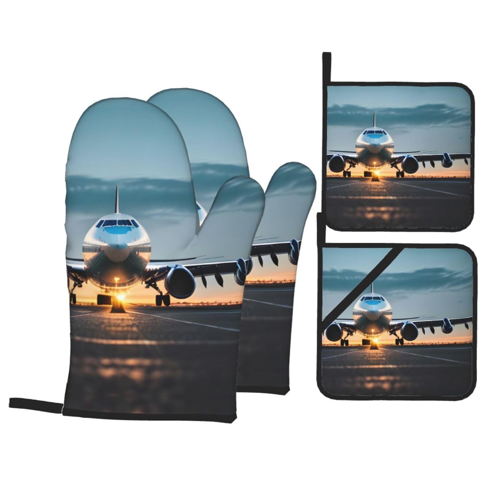 Airplane in The Evening Light Print Stylish 4-Piece Microwaving Oven Waterproof Kitchen Gloves Baking Holiday Cooking