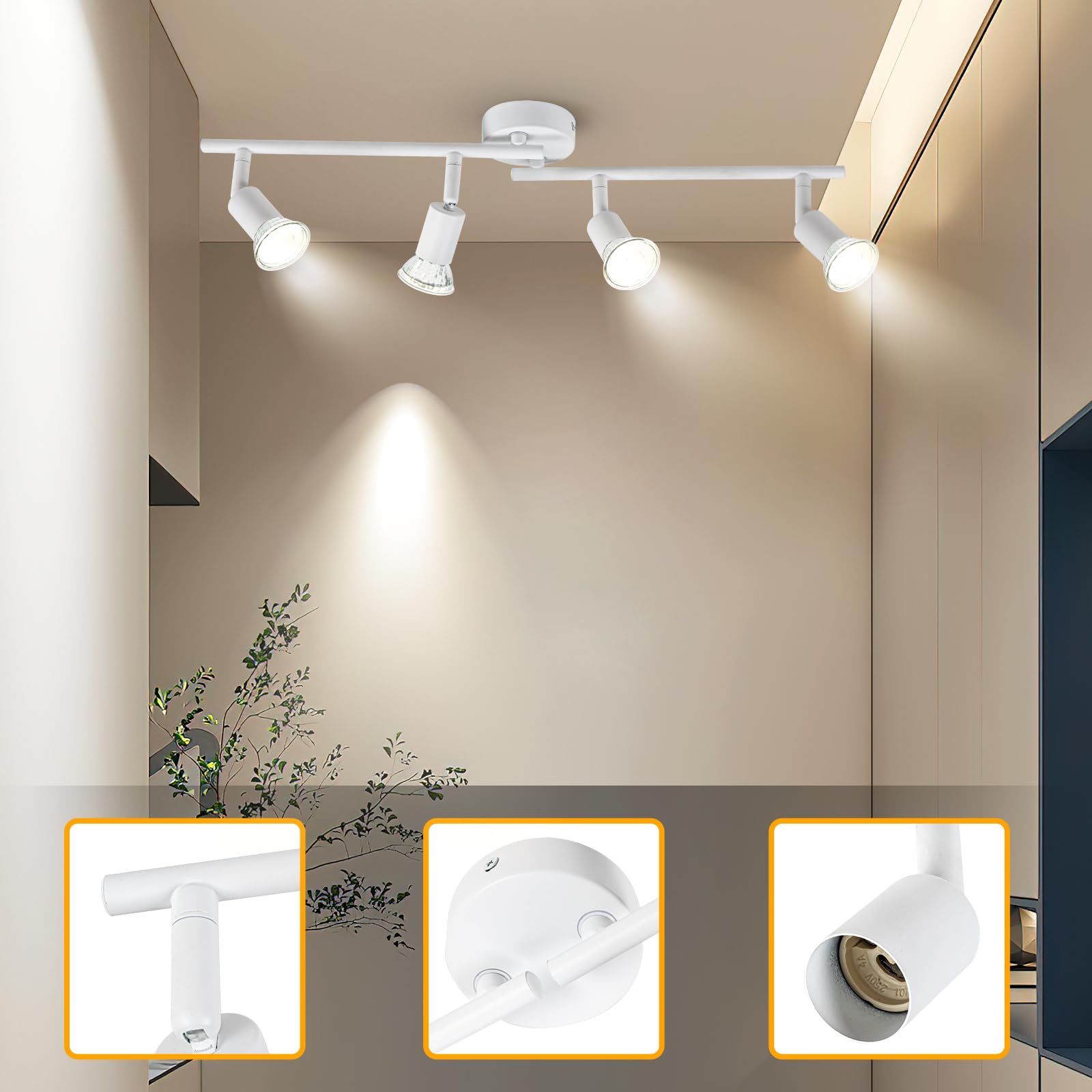 Dougelec Lampa sufitowa 4 reflektory LED obrotowe GU10, oświetlenie sufitowe, lampa sufitowa, lampa punktowa, nowoczesne wnętrze, do kuchni, salonu, sypialni 230 V, biały bez żarówki
