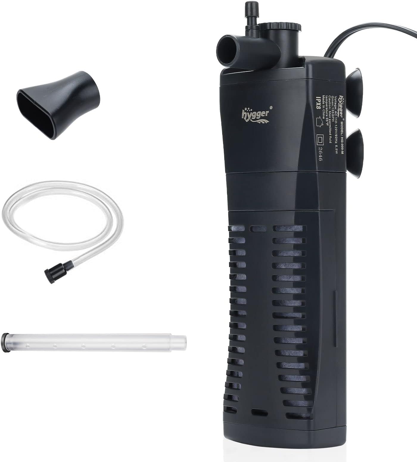 hyggerSubmersible Aquarium Power Filter 135 GPH for 10-15 Gallon Fish Tank Corner Internal Filter with Bio Ball Sponge 3-Stage Filtration System
