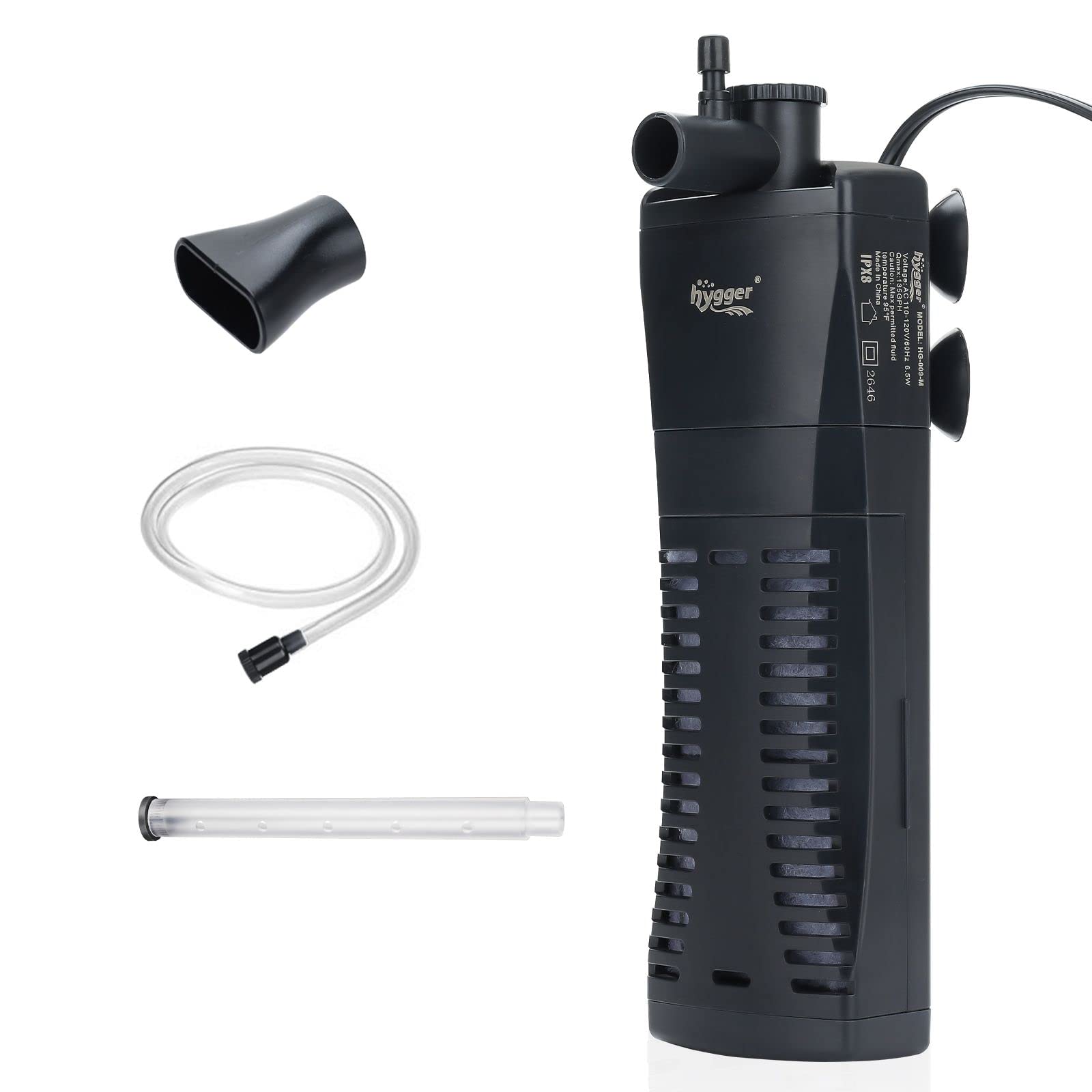 hyggerSubmersible Aquarium Power Filter 135 GPH for 10-15 Gallon Fish Tank Corner Internal Filter with Bio Ball Sponge 3-Stage Filtration System