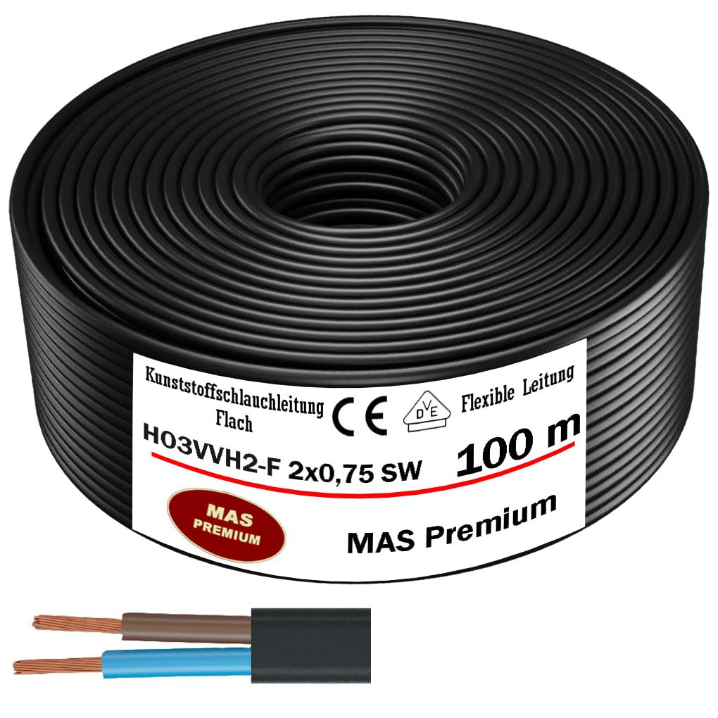 MAS Premium Przewód węża z tworzywa sztucznego (Flat) od 5 do 100 m H03VVH2-F 2X0,75 WS, 2 x 0,75 czarny lub biały, elastyczny kabel do urządzeń (czarny, 100 m)
