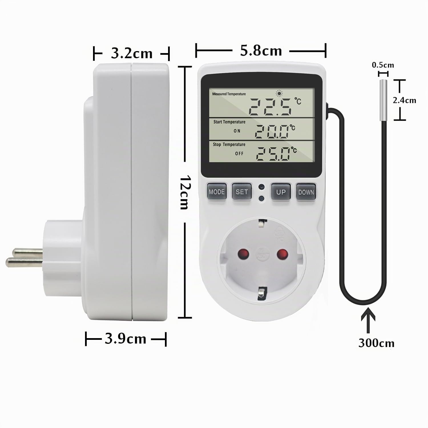 KETOTEK Prise Thermostat Regulateur de Temperature Numerique 220V Chauffage Refroidissement avec Sonde, LCD Prise Contrôleur de Température pour Frigo Incubateur Serre Ventilateur