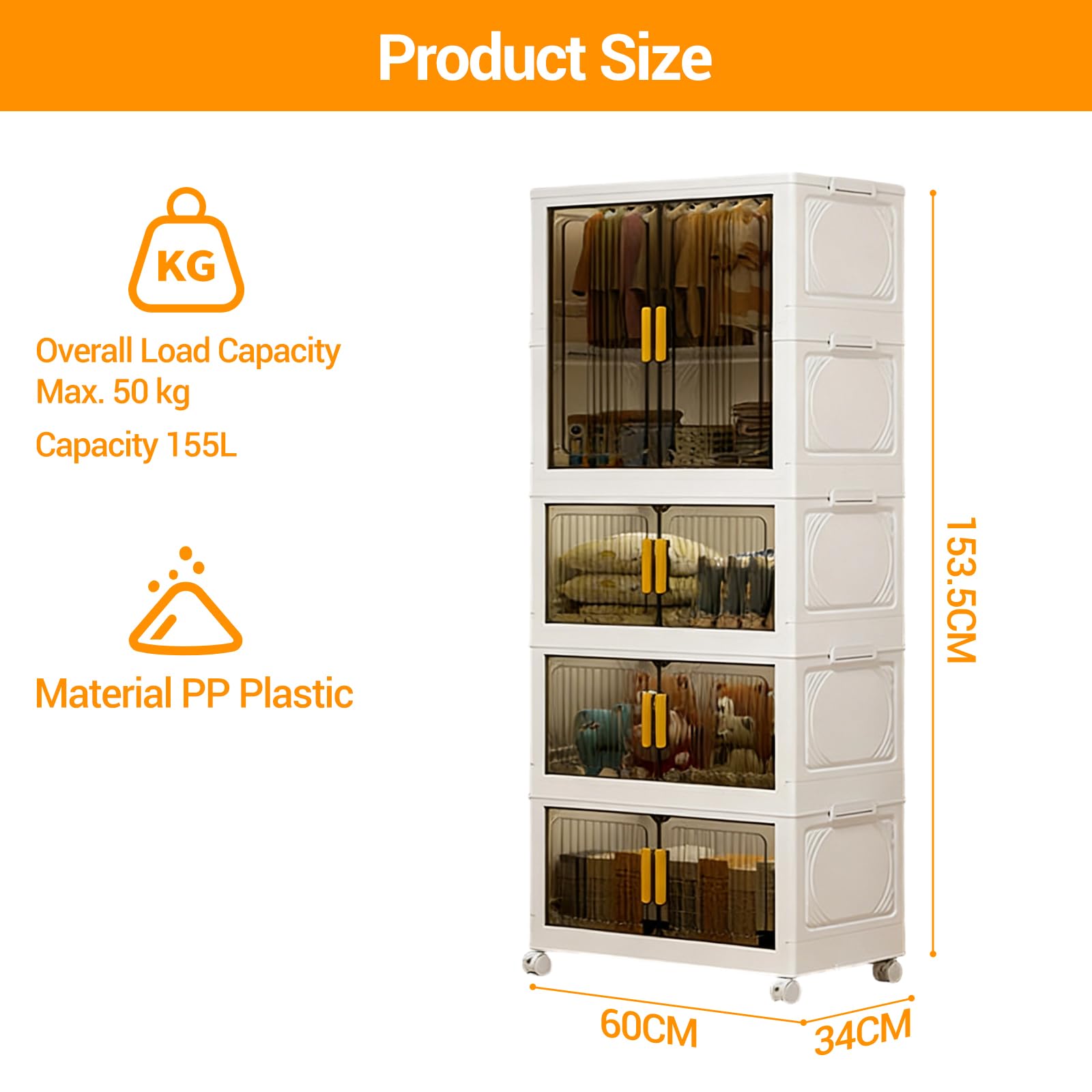 Kunststoff-Klappschrank 60 * 34 * 153.5cm, Zusammenklappbarer Kleiderschrank Einfache Montage, Vielseitiger Schrank mit Rollen und Magnettüren, Mehrzweckschrank für Wohnzimmer Schlafzimmer