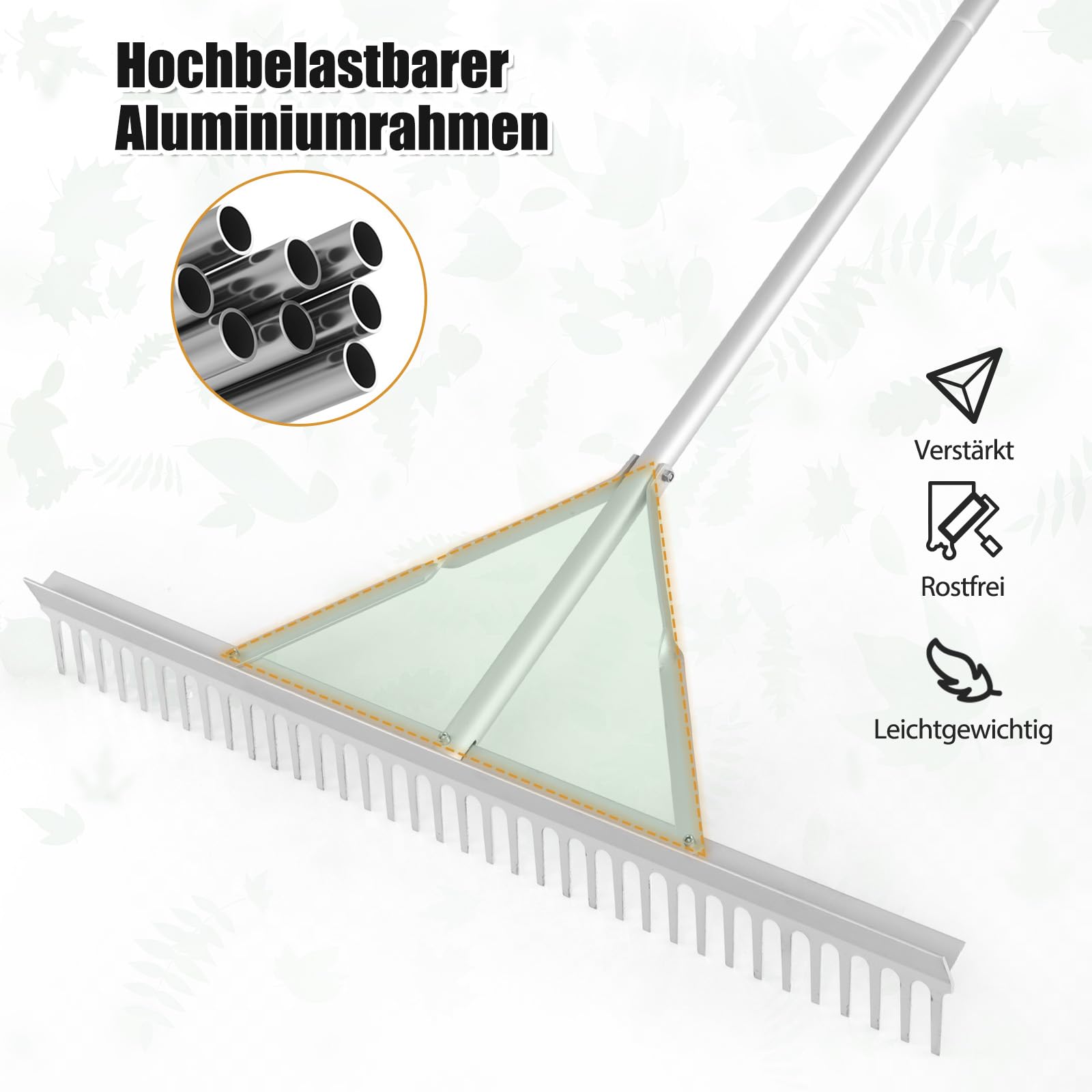 SOARS Rechen Aluminium, Gartenrechen mit 36 Zinken, 91 cm Breite & 174 cm Stiel, Gartenharke Laubrechen Rasenrechen Gartenwerkzeug für Rasenpflege, Landschaftspflege