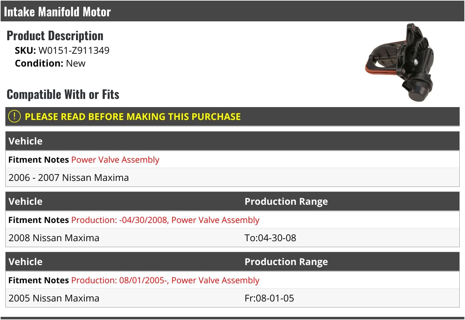 Intake Manifold Motor - Power Valve - Compatible with 2005-2008 Nissan Maxima (from 8/1/2005 Up to 4/30/2008)