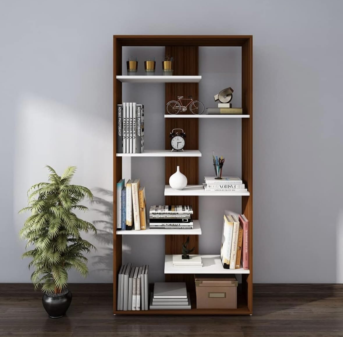Modern Bookshelf with 6 White Shelves, 150 cm Height, Walnut Brown Finish, Open Display Unit-image-12