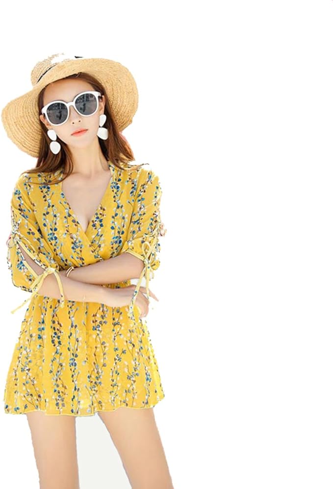 Amazon 女性用 水着 体型カバー レディース 花柄水着 ビキニスイムウェア 水着 ショートパンツ カシュクール付き ホルターネック セクシー イエロー ブラック M L Xlサイズ 代 30代 人気 ビキニ セパレーツ 通販