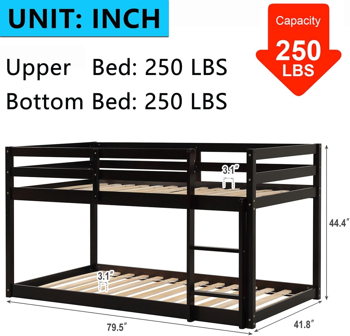 Anwick Twin Over Twin Low Bunk Bed with Stairs and Rails, Wooden Bunk Beds Frame with Safety Guardrail and Slats for Toddlers, Kids, Teens, Boys, Girls, Noise-Free (Espresso, Bunk)