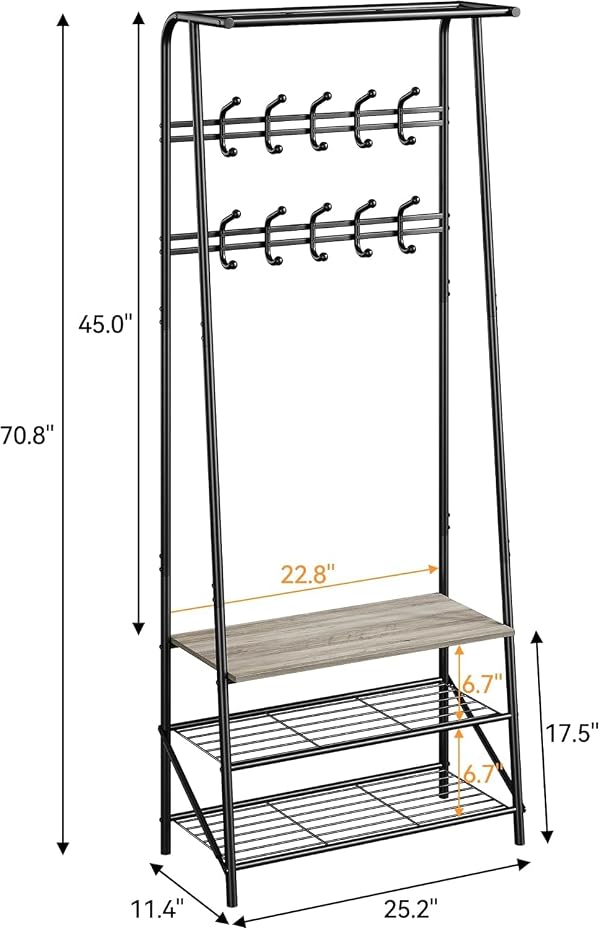 OUTLANE Entryway Hall Tree with 10 Hooks, Shoe Bench & Storage Shelf, Coat Rack Organizer with Wood Accents and Metal Frame for Entryway, Living Room, Bedroom, Gray-Double row by OUTLANE - Image 9