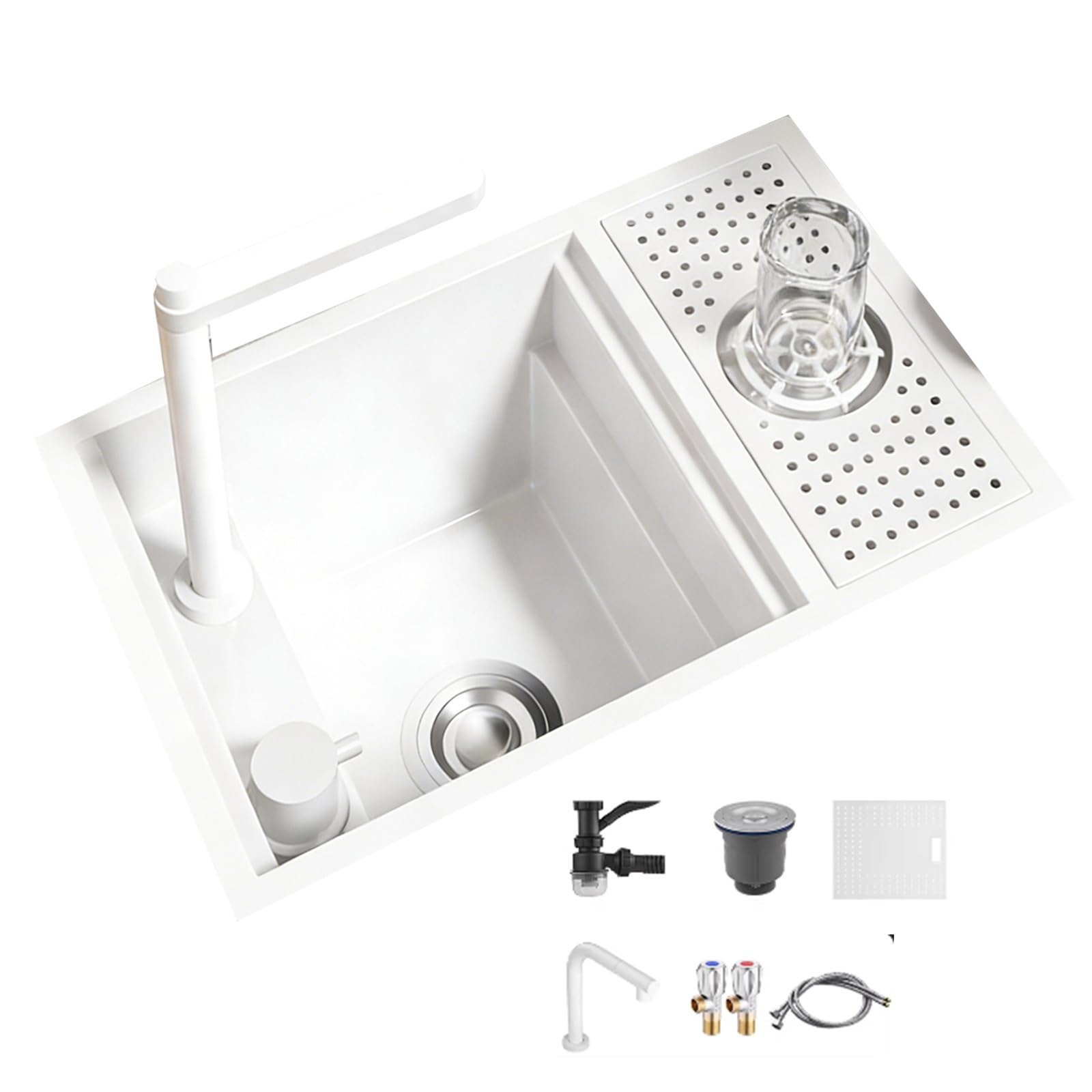 Fregadero Camper con Tapa, Fregadero Cocina con Lavavasos y Grifo Elevable, de Acero Inoxidable de Una Sola Cubeta para Bar, Caravana, Remolque(58x32cm/22.8x12.6in)